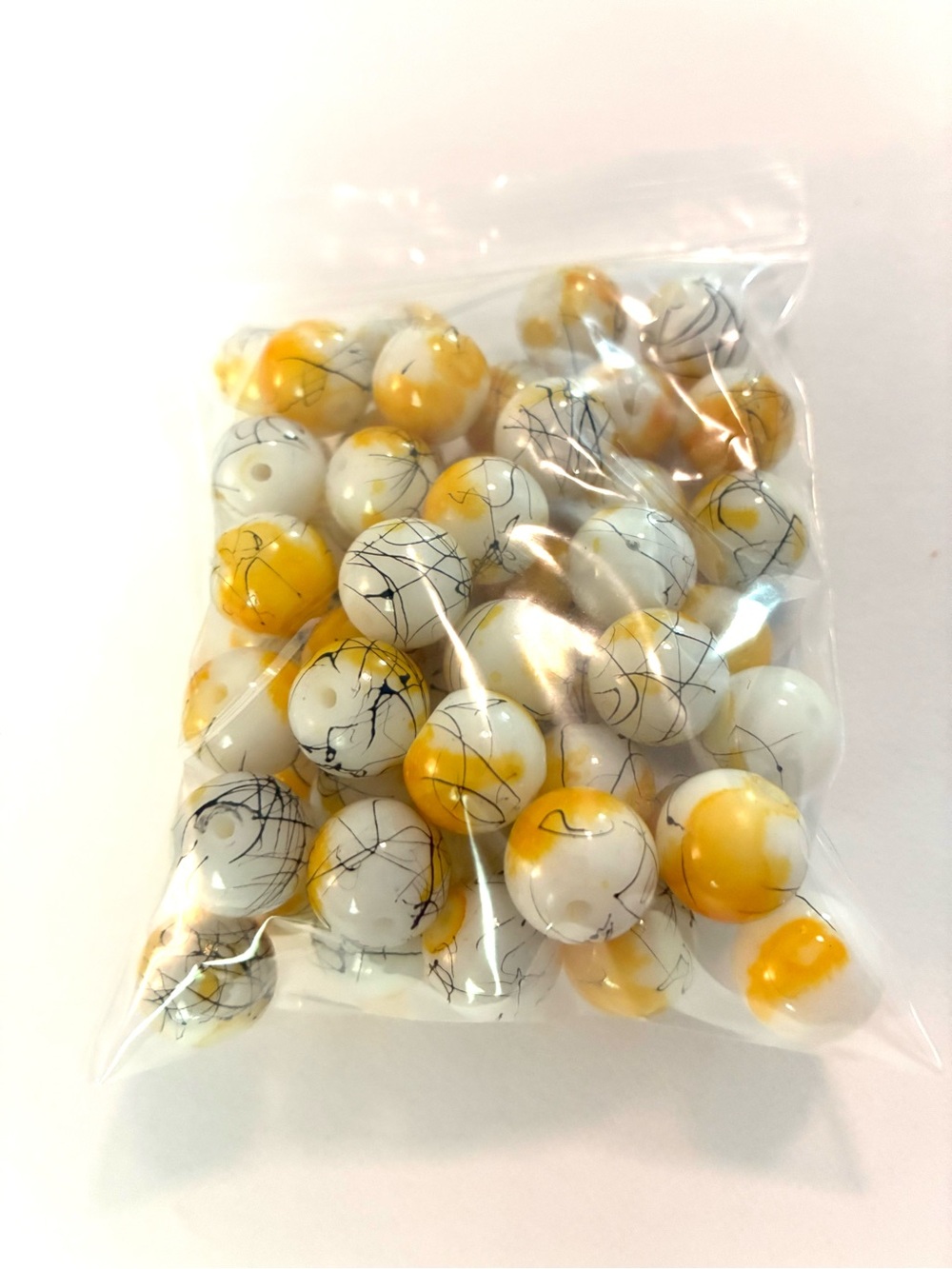 Yellow, Black & White Marbled Beads - 50 count